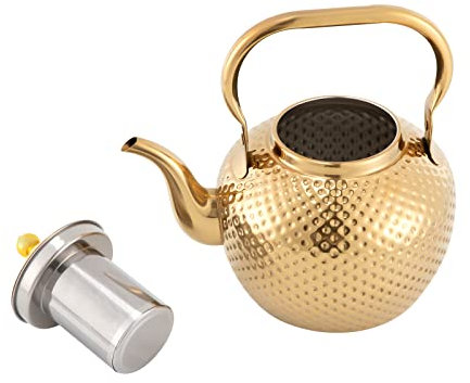 Tetera de acero inoxidable de 2 litros, tetera con colador, tetera vintage para hervir agua, apta para todo tipo de cocinas, color dorado