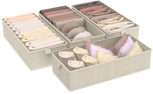 ENUMAIL Drawer Organizer for Clothes, Underwear Organizer Dividers, 4 Set Foldable Closet Dividers, Storage Box with Support Boards, for Socks,Ties, Scarf,51x22x11cm, Grey and Beige