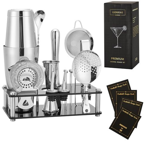Ensemble Boston Shaker 16 pièces – Kit de cocktail en acier inoxydable avec shaker, filtre, pince à glace, cuillère, doseur, pilon, 4 pics à cocktail et 2 verseurs. (Argent)