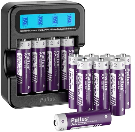 Pallus Wiederaufladbare AA Lithium Akku, 3500mWh Hohe Kapazität, 12 Stück Langlebige AA Batterien mit Konstanter Leistung, 1600 Zyklenzeiten, Max. 3A Entladung mit 2-Stunden-Schnellladegerät