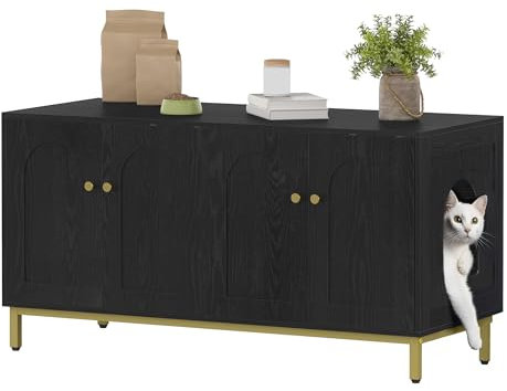 Hzuaneri Maison de Toilette Chat pour 2 Chats, Meuble de Litière Caché de 119cm, Banc de Rangement, Convient à la Plupart des Litières por, Noir et Or CB82304A
