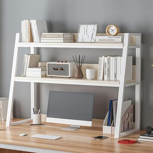HPTHLY Display Shelf Desk Shelf Stand - 2 Tier Industrial Ladder Desktop Bookshelf, Desktop Bookcase for Computer Desk Freestanding Storage Rack，White-95 * 32 * 90cm