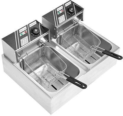 HOARLICN Doppelfriteuse, 2500W 220V edelstahl Gastro Friteuse Edelstahl-Fritteuse Temperatur 60-200℃ 6L+ 6L mit Frittiernetz-Siebe Schlackenabscheider für Fried Chicken Wings, French Fries