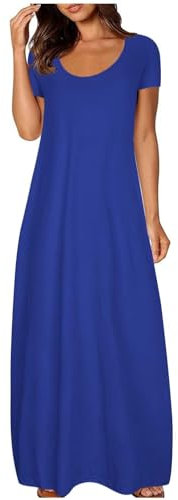 Summer Maxi Dresses for Women UK Plus Size Casual Short Sleeve Swing Long Dress Scoop Neck Flowy Sundress with Pockets for Beach Holidays Prime of Day 2025ial Offers Blue