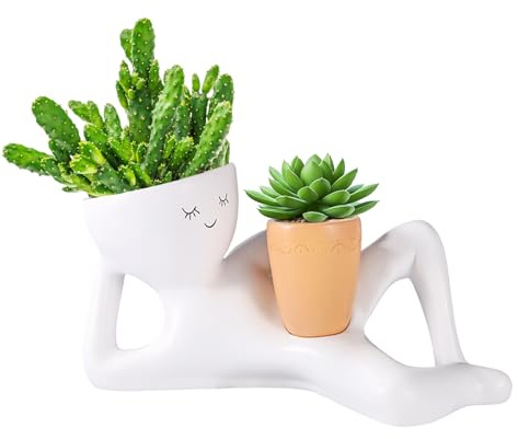 Lyreh Lazy Guy Pflanzgefäß, 23x11cm Kunstharz Lustiger Liegender Blumentopf Innenbereich Süßer Sukkulententopf Smile-Gesicht Praktische Dekoration für Büro Schreibtisch Balkon Innenhof (Weiß)