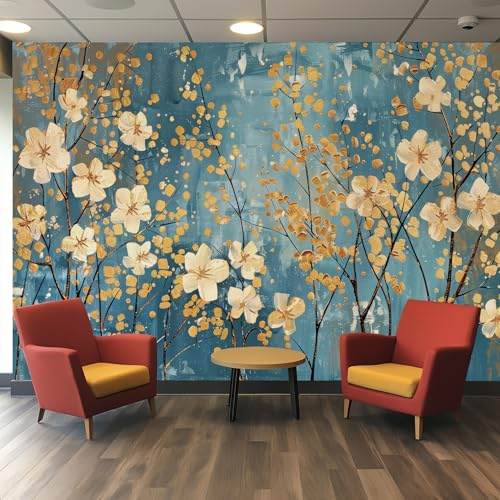 Generisch Fototapete Pflaumenblüte Blumen Tapete Goldene blaue Blume für Wohnzimmer Schlafzimmer Wand Deko, Wallpaper Wandtapete, 250x175 cm