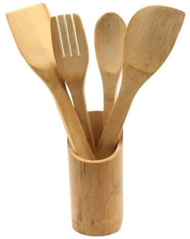Lot d'Ustensiles de Cuisine en Bambou avec Pot Inclus - Cuillère, Fourchette, Spatules pour Préparations Culinaires