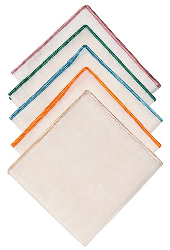 Hell Blues Herren Leinen Einstecktuch Off White mit gesticktem Rand Premium Baumwolle Einstecktücher, Sortiert-2, 9.5 X 9.5