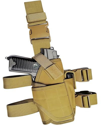 Peminkoo Drop Leg Holster, Rechtshänder Taktisches Oberschenkelholster für Pistolen und Pistolen Beingurt mit Magazintasche (Khaki)