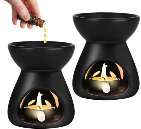 2 Pcs Keramik Duftlampe mit Kerzenhalter, Keramik-Ölbrenner, Trichtermodell,Wachs Duftlampe für Duftöl Duftwachs, Zuhause Schlafzimmer, Schwarz (9.5 × 9.5 × 11 cm)