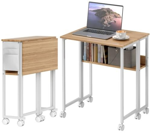 Mokernali Schreibtisch Klappbar Kleiner 63 cm Klappschreibtisch mit Rollen Platzsparend Computertisch mit Regal, Aufbewahrungstasche, für Home Office, Natur