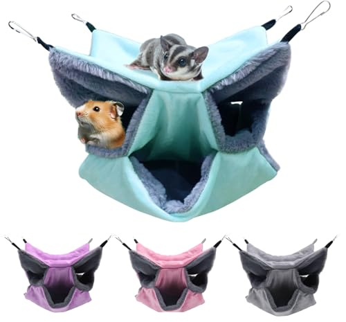 LYART Sugar Glider Pouch Hammock Bed Bedding, Sugar Glider Cage Accessories Toys for Rat, 3-Layer Hammock Make Pet Cages More Three-Dimensional (2.Mint)