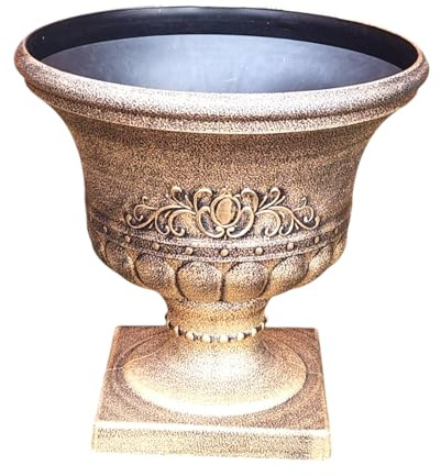 Divas World Decorative Garden Urn Planter Antique Gold Effect 45cm Wide x 43cm Tall Outdoor Indoor Pot with Ornate Detailing Lightweight Weather Resistant Plastic for Flowers Plants Patio Balcony