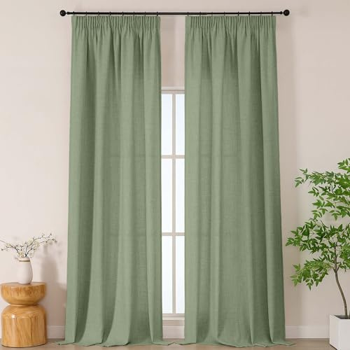 Simplebrand Grün extra Lange Boho Gardinen in Leinenoptik, 2er Set H 300 x B 140 cm, halbtransparente Gardinen mit Kräuselband für Schiene, für Wohnzimmer & Schlafzimmer