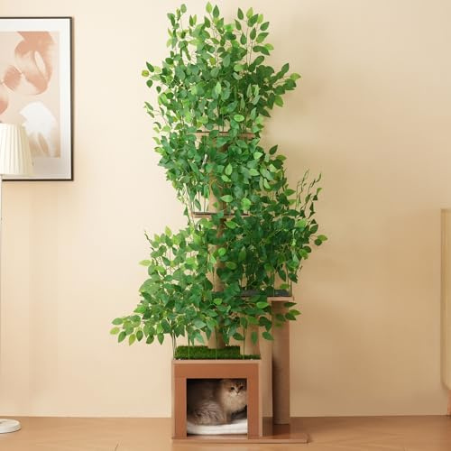 Merax Arbre à chat - 190 cm - En forme d'arbre avec 4 plateformes et niches pour chat - Arbre à grimper pour chats - Avec feuilles amovibles imperméables et résistantes aux rayures - Protection