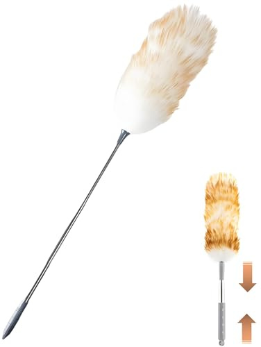 AGSYFFD Plumeau Extensible en Laine d'agneau avec tête Pliable et Manche télescopique, Lavable de 140 cm de Long, Extensible pour plafonds Hauts, Stores, Toiles d'araignée, Ventilateurs et Voitures