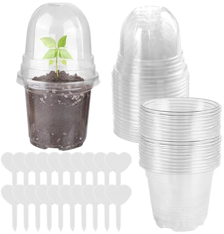 RNPKZ 20 PCS Clear Nursery Pots with Humidity Dome, Clear Plastic Plant Pot with Drainage Holes, Transparent Plastic Nursery Pots with 20 PCS Plant Labels for Seed Cuttings Succulents Indoor Outdoor
