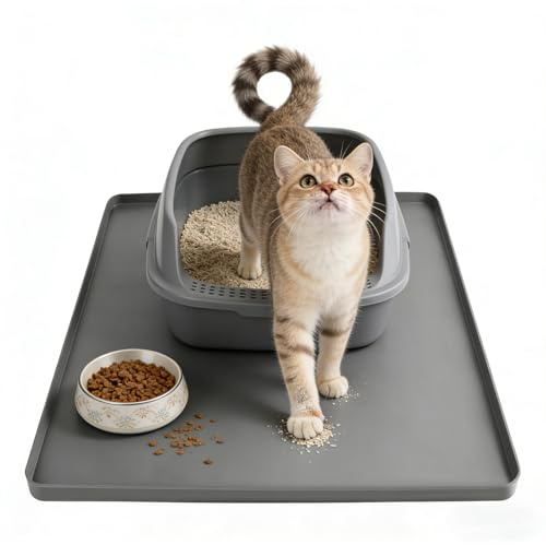 Silicone Cat Litter Mat 61x50cm Waterproof Litter Tray Mat Leak-Proof Thick Under Kitty Litter Box Feeding Mats with Raised Edges for Floor Carpet, Grey