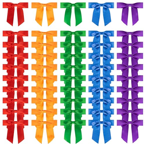 Foshird 50 Stück Bunt Schleifen Selbstklebend 9x9cm mit Draht Klebepads | Geschenkschleifen Polyester Kleine Schleifenband Deko für Hochzeit Auto Geburtstag Basteln DIY