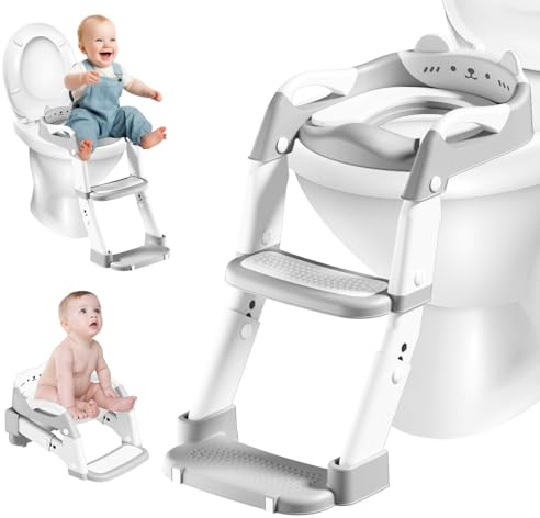 Asiento de inodoro para niños con escalera, 3 en 1 Reductor WC Multifuncional, Altura Ajustable y Antideslizante, Entrenador de Inodoro Adaptador para Niños y Niñas (Gris)