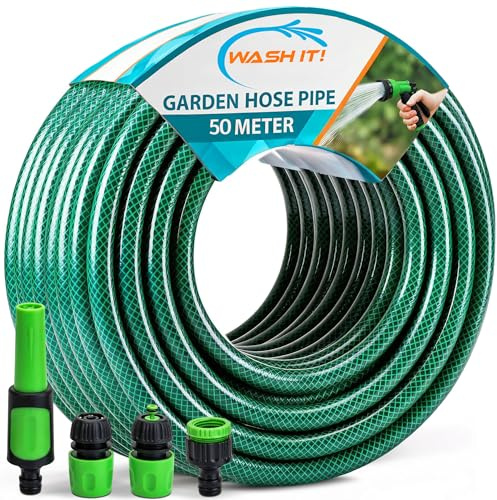 5pc Garden Hose Pipe with Connectors and Adjustable Spray Nozzle Fitting - Reinforced Weatherproof Garden Hosepipe with Hose Nozzle and Hosepipe Connectors for Car Washing and Plant Watering (50m)