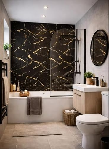 Be-Creative - Juego de 4 paneles de pared de baño con efecto mármol negro y dorado – Paneles de ducha de PVC de 240 cm x 60 cm – Revestimiento de pared húmedo 100% impermeable para baños, duchas y