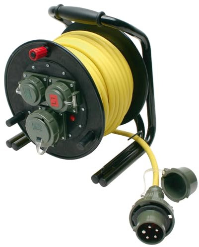 Dönges Leitungsroller THW 230 V/400 V, 16 A, L1/L2 (THW Energieverteiler) Eingang: 1 x Stecker CEE 5-pol IP67/Ausgang: 1 x Kupplung CEE 5-pol IP67/Ausgang 2: 2 x Kupplung Schuko IP68