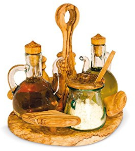 Aceitera de lujo: juego de condimento para aceite, vinagre, sal y pimienta de madera de olivo, juego de 5 unidades