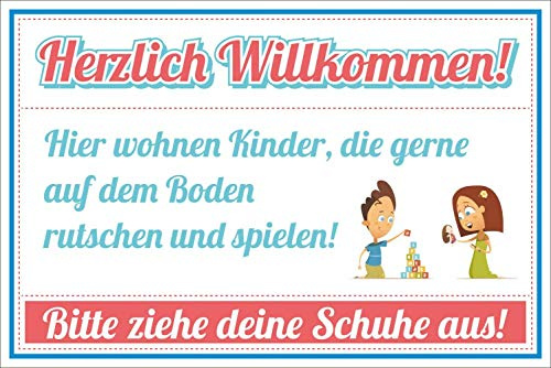 Schild Herzlich willkommen Kinder Spielen Hier Schuhe 300 x 200 mm | 3 mm Alu-Verbund, wetterfester UV-Direktdruck, robust und langlebig, Made in Germany