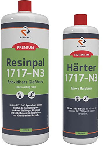 Gießharz glasklar | 1 kg Resinpal 1717-N3 + 0,45 kg Härter Set | Epoxidharz kristallklar | UV-Stabiles Giessharz | Resin zum Gießen | Dickschichtharz bis 20 cm und 15 kg | Für Anfänger & Profis |