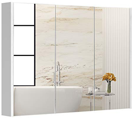 DREAMADE Meuble de Salle de Bain avec 3 Miroir,Armoire en Bois avec 3 Miroirs,3 Portes,Tablette Réglable pour WC,Toilettes 90 x 11 x 65CM Blanc