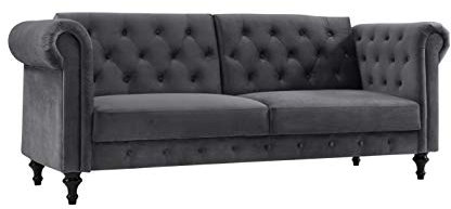 Velvet Three Seater Sofa Bed Vintage Style Chesterfield Bed Sofa Grey Green or Blue Velvet Fabric with Buttoned Back Upholstery - A Timeless Settee for the Contemporary Home (Dark Grey Velvet)