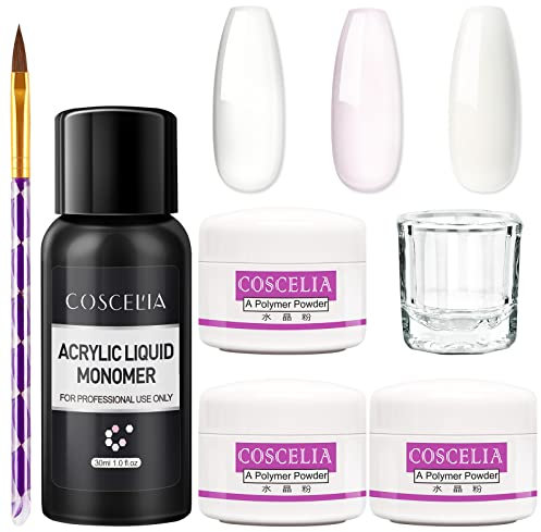 COSCELIA 3 Farben Acryl Nagelset Nail Art Acryl Nägel Starterset Acrylpulver Strasssteine für Nageldesign Acryl Nägelset