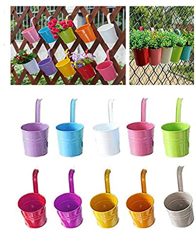 Set di 10 vasi da appendere, multicolore, da appendere, in metallo, con manico rimovibile, ganci per fiori, erbe aromatiche, piante grasse, set da 10 pezzi