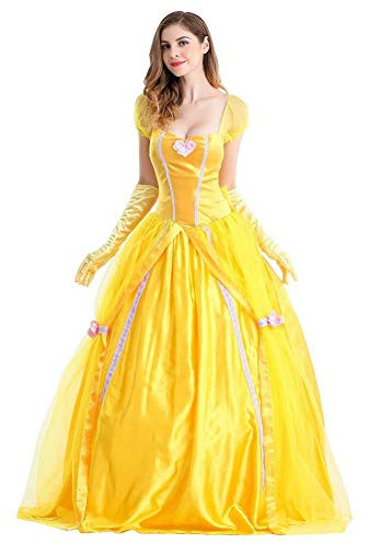 Odizli Belle Kostüm Damen Erwachsene Prinzessin Lange Kleid mit Handschuhe Halloween Weihnachten Karneval Cosplay Party Verkleidung Costume Gelb-Belle M