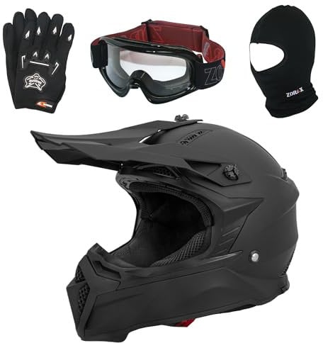 Zorax Attack Matt Black L (59-60cm) Motocross Motorbike Helmet Dirt Bike Helmet & Black Gloves L(10cm) & Black Goggles & Balaclava
