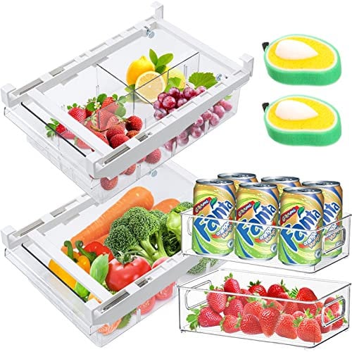 JOYBOY Kühlschrank Schubladen,Kühlschrank Organizer Schublade und 2 Kühlschrank-Behälter+2 Reinigungsbürsten,30.5x20x9.5cm,Ausziehbarer Aufbewahrungsbox Schubladen mit Griff(4 Stück)