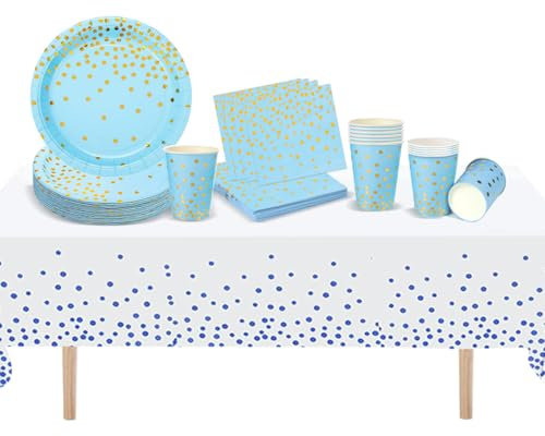 BlinBlin Vaisselle de Fête Bleues et Or,Assiette Jetable Bleue et Or Assiette, Vaisselle Jetable Decoration Anniversaire Set Pour Enfants Party Fête Mariages Baby Shower(20 Invités)