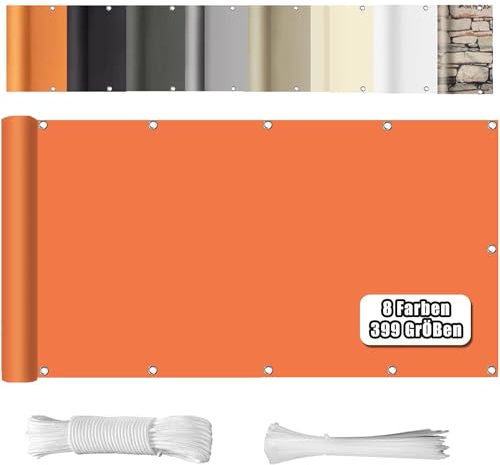 WEALSFUN Balkonabdeckung (390Größen & 8 Farben) Balkonverkleidung Ohne Bohren blickdichte Wind UV-Schutz mit Ösen Kabelbinder Kordel,70X450CM Orange