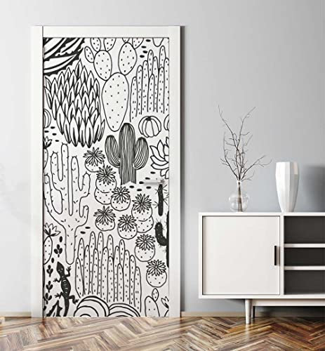 MyMaxxi - Tür bekleben mit Türtapete Türposter Türfolie Selbstklebend 90x200 Kaktus Variation - Tür verschönern Türaufkleber Türklebefolie Savanne Sand Pflanze schwarz weiß