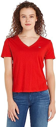 Tommy Jeans Mujer Camiseta Manga Corta TJW Slim Soft Cuello de Pico, Rojo (Deep Crimson), S