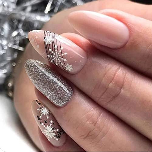 Sethexy Weihnachten Mandel Falsche Nägel Christmas Schneeflocke Press on Nails Glossy 24Pcs Acryl Nägel zum Aufkleben für Frauen und Mädchen