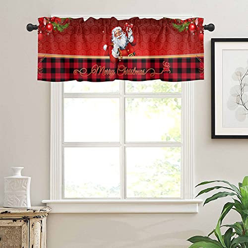 Michorinee Weihnachten Scheibengardine Deko Gardinen Weihnachtsgardine Rot Vorhang Der Weihnachtsmann Kariert Glocken Muster Blickdicht Kurze Bistrogardinen für Fenster B 137 × H 45 cm