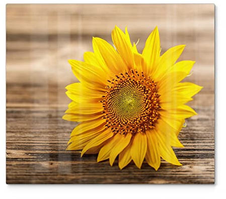 DEQORI Herdabdeckplatte Glas | einteilig 60x52 cm | Motiv Sonnenblume auf Holz | Ceranfeld Abdeckplatte für Küche | Herd-Abdeckung universal | Glasplatte & Schneidebrett für Kochplatten