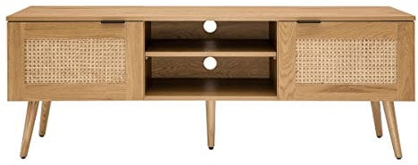 Meuble TV Finition Bois Clair, cannage rotin et métal Noir 2 Portes L140 cm Manille