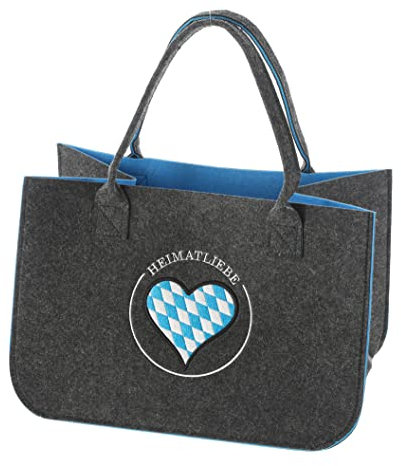 Filztasche Heimatliebe Bayern, anthrazit mit Herz Stickerei 40x27 cm - Einkaufstasche, Heimat Handtasche, Geschenktasche Anthrazit