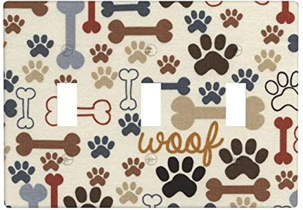 Dog Paw Prints Bones Lichtschalter-Abdeckung, dekorative Dreifach-Kippschalter-Wandplatte, 3-Gang-Kunstdruck-Frontplatte für Badezimmer, Zuhause, Schlafzimmer, Dekoration, 11,4 x 16,2 cm