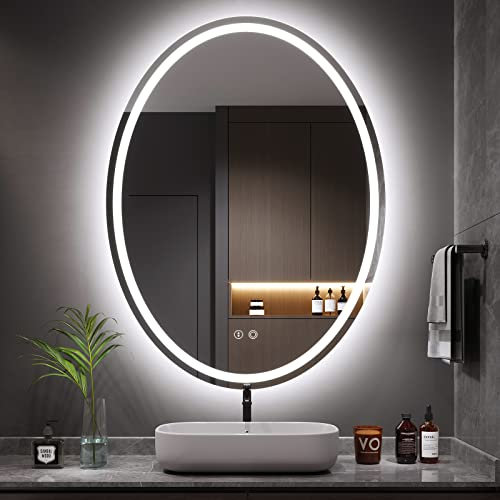 Dripex Badezimmerspiegel mit Beleuchtung Oval Led Badspiegel mit Touch-Schalter, Dimmbar, 3 Lichtfarbe Einstellbare, Beschlagfrei 60 x 80 cm