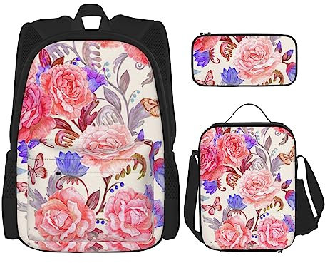 3 Pieces Horror Skull Backpack Set, Adjustable Shoulder Bag Set with Lunch Box Pencil Case, Flower Rose Butterfly, One Size, Daypack Backpacks