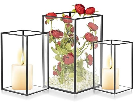 Hurricane Lot de 3 grands bougeoirs rectangulaires en verre transparent pour bougies piliers - Lanternes noires décoratives pour centre de table - Bougeoir en verre transparent pour mariage, vacances,